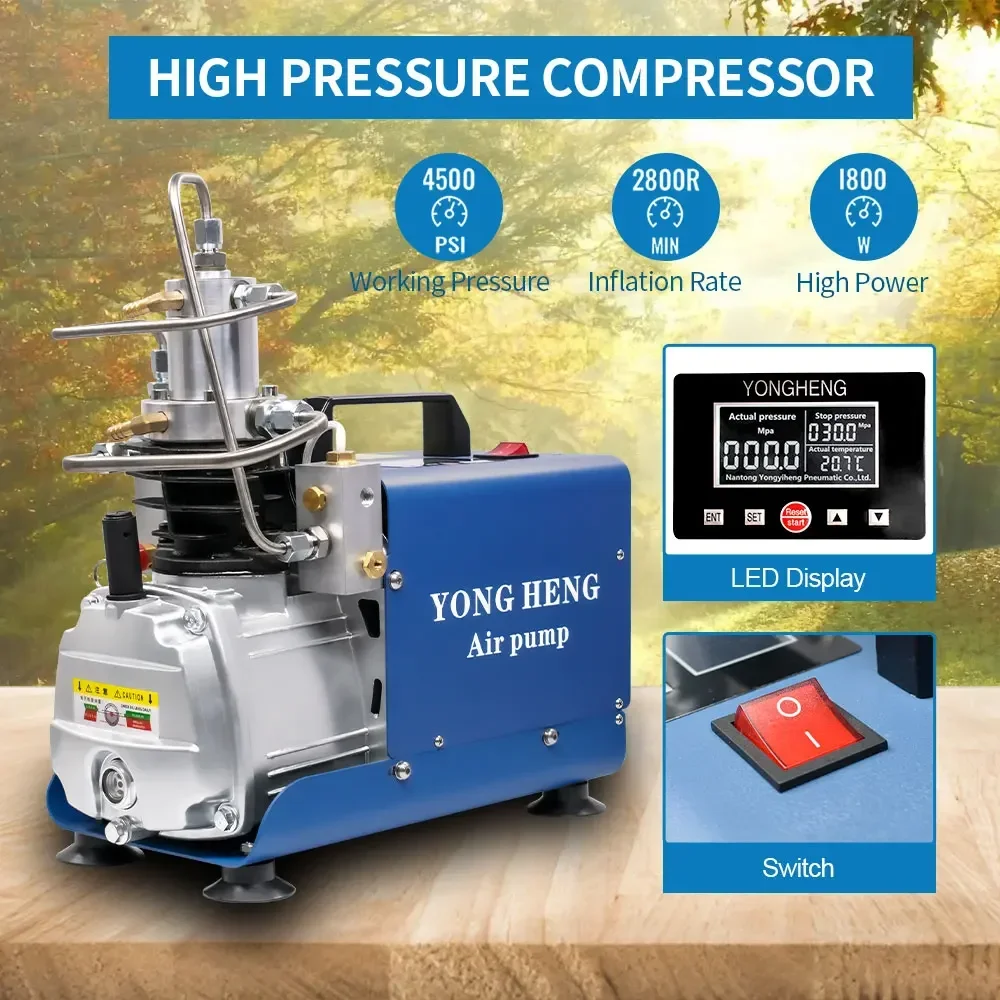 YONGHENG 4500Psi LCD Digital Display PCP Air Compressor Electric 300Bar High Pressure Compressor for Can Fill Scuba Diving Rifle