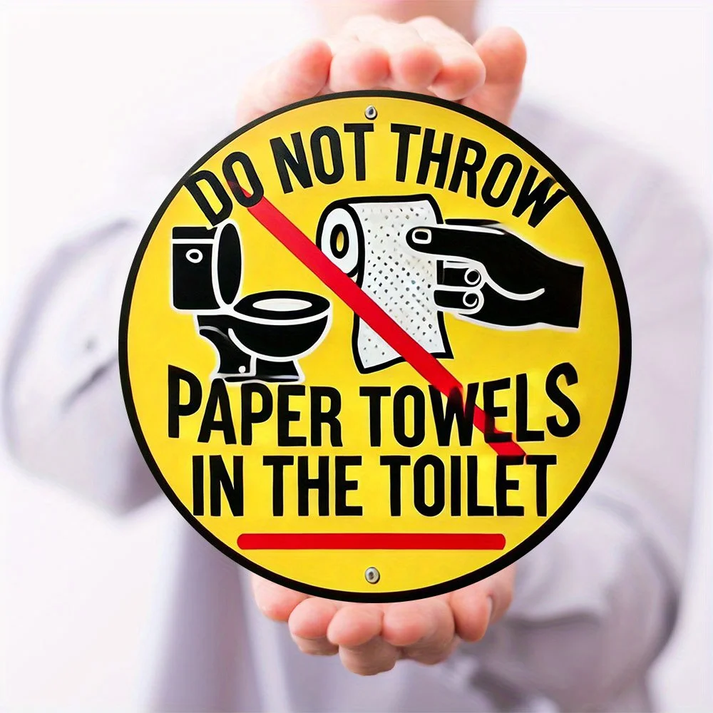 Do Not Flush Paper Towels Metal Sign 7.8 Inch Round Durable Iron Wall Decor Yellow Black Red Graphics Easy to Hang for Home Kitc