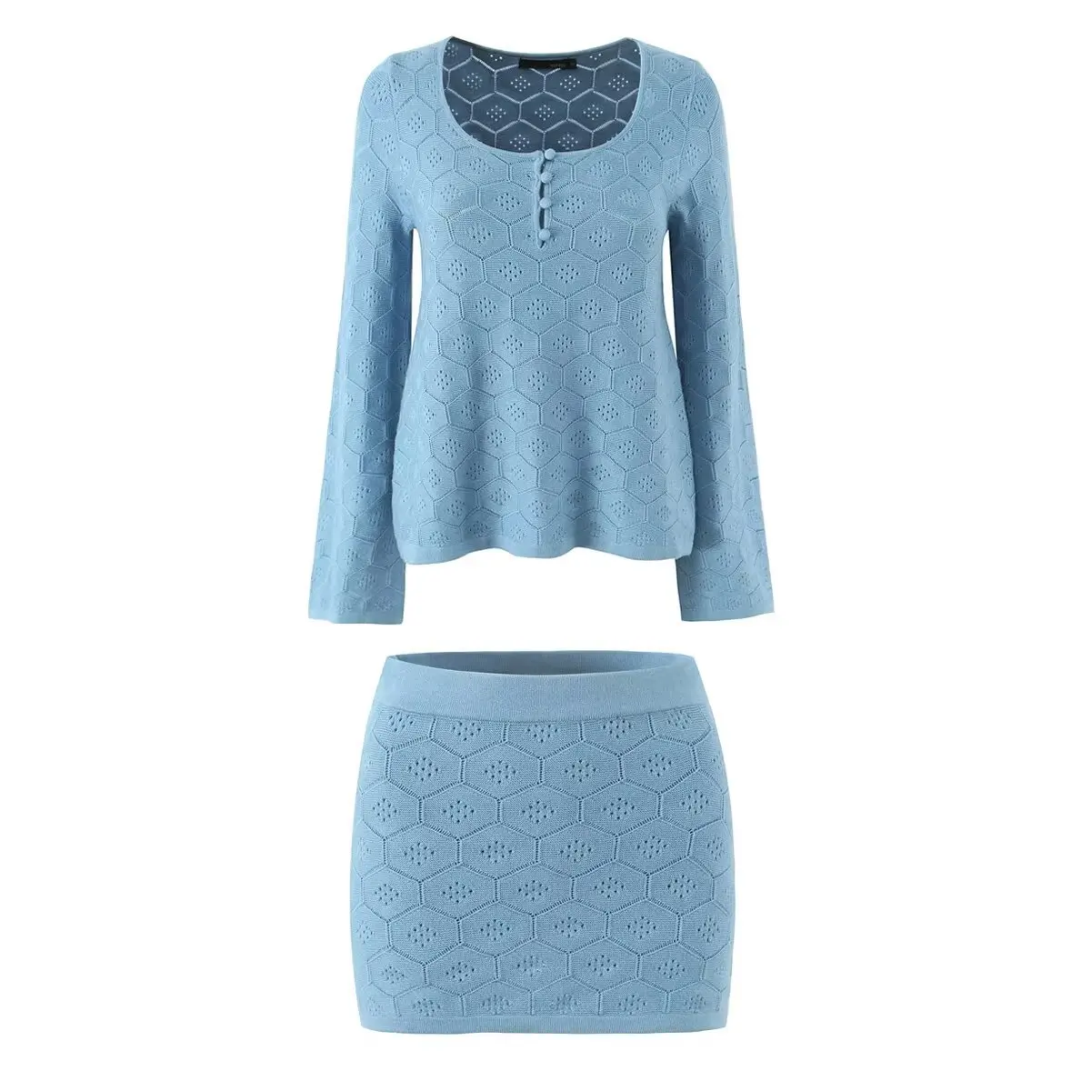 

Blue Knit Hollow Out Mini Skirts Sets Women Autumn Square Collar Long Sleeve Pullover Sweater Elegant Casual Fashion 2 Piece Set