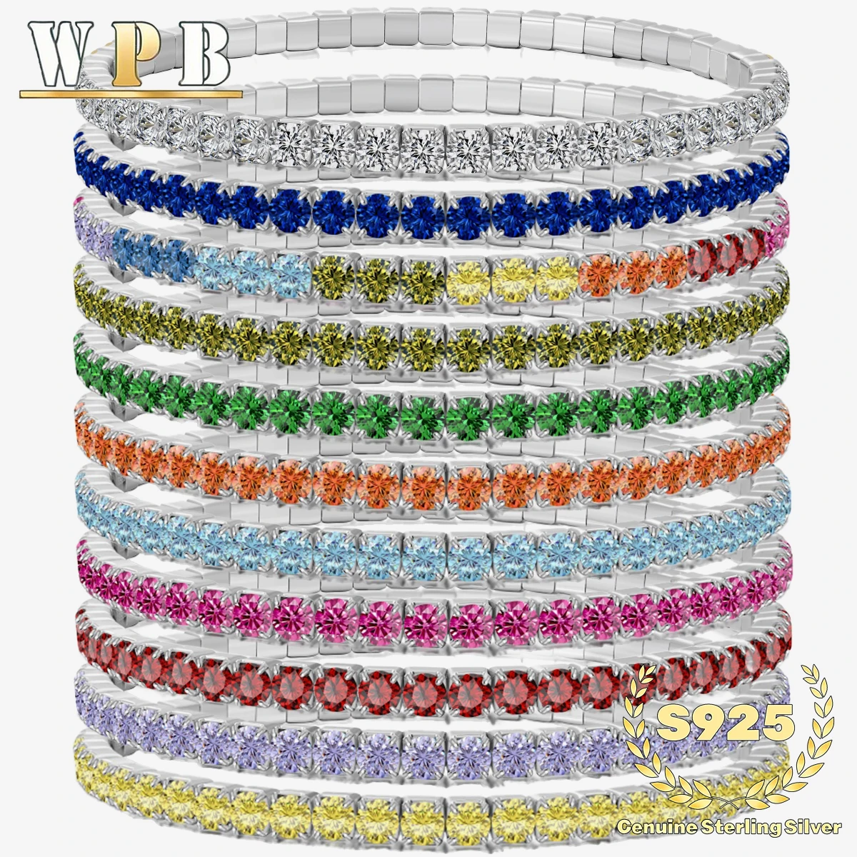 Genuine S925 Sterling Silver Stylish Multi-Color Zircon Tennis Bracelet -3mm Rainbow CZ Luxury Elastic Jewelry for Women & Girls