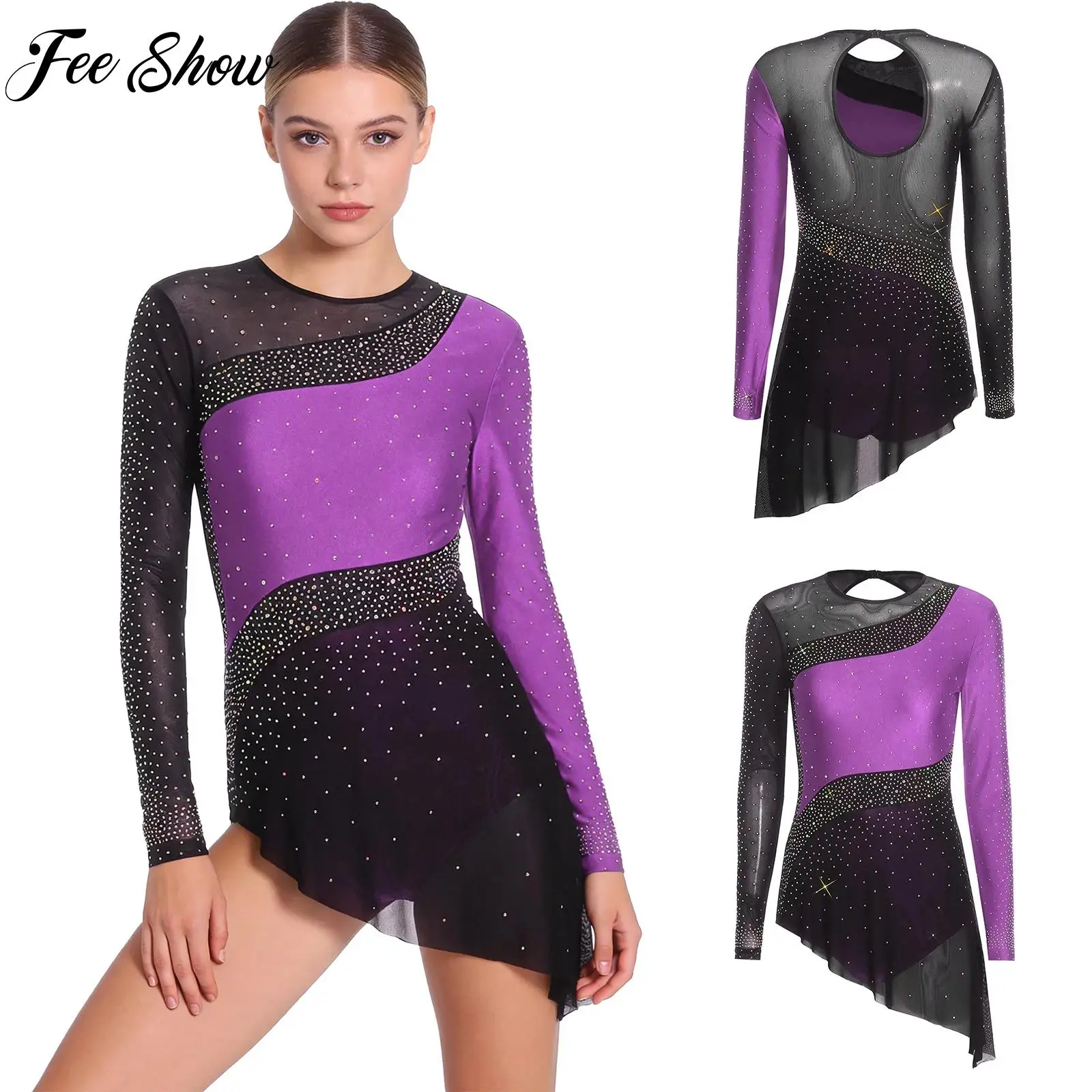 

Костюм для выступлений по фигурному катанию и латиноамериканским танцам для взрослых женщин: платье-леотард с длинными рукавами, стразами и застежкой на пуговицах