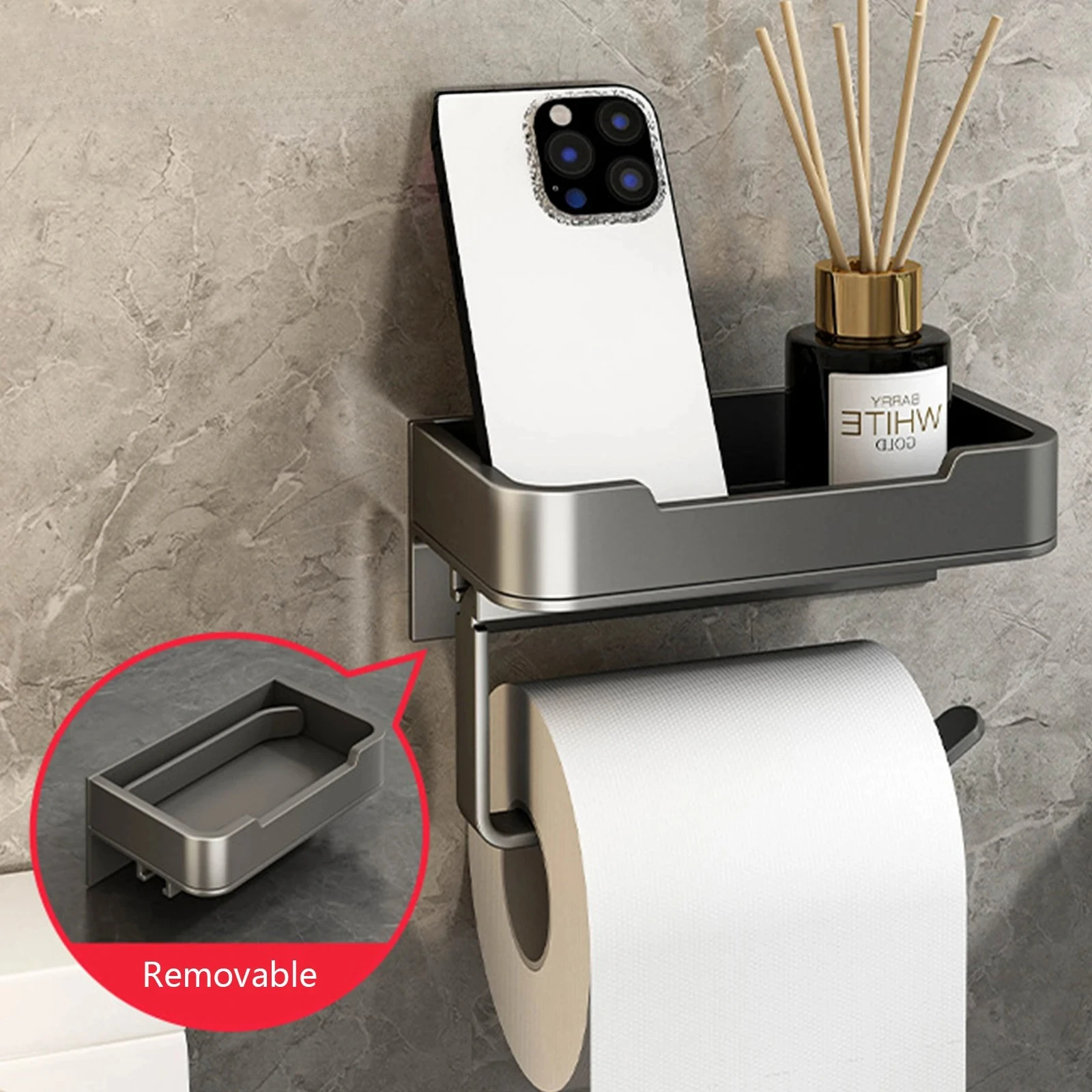 

Wall Mounted Toilet Paper Holder with Shelf, Modern Aluminum Bathroom Organizer, Space Saving Black Storage