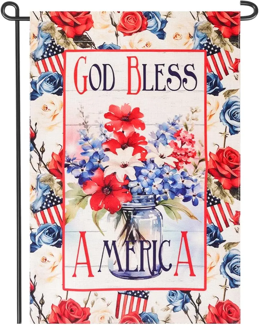 Memorial Day Patriotic 4th of July Garden Flag 12x18 Inch God Bless America Flowers Double Sided for Outside Patriotic Small Bur