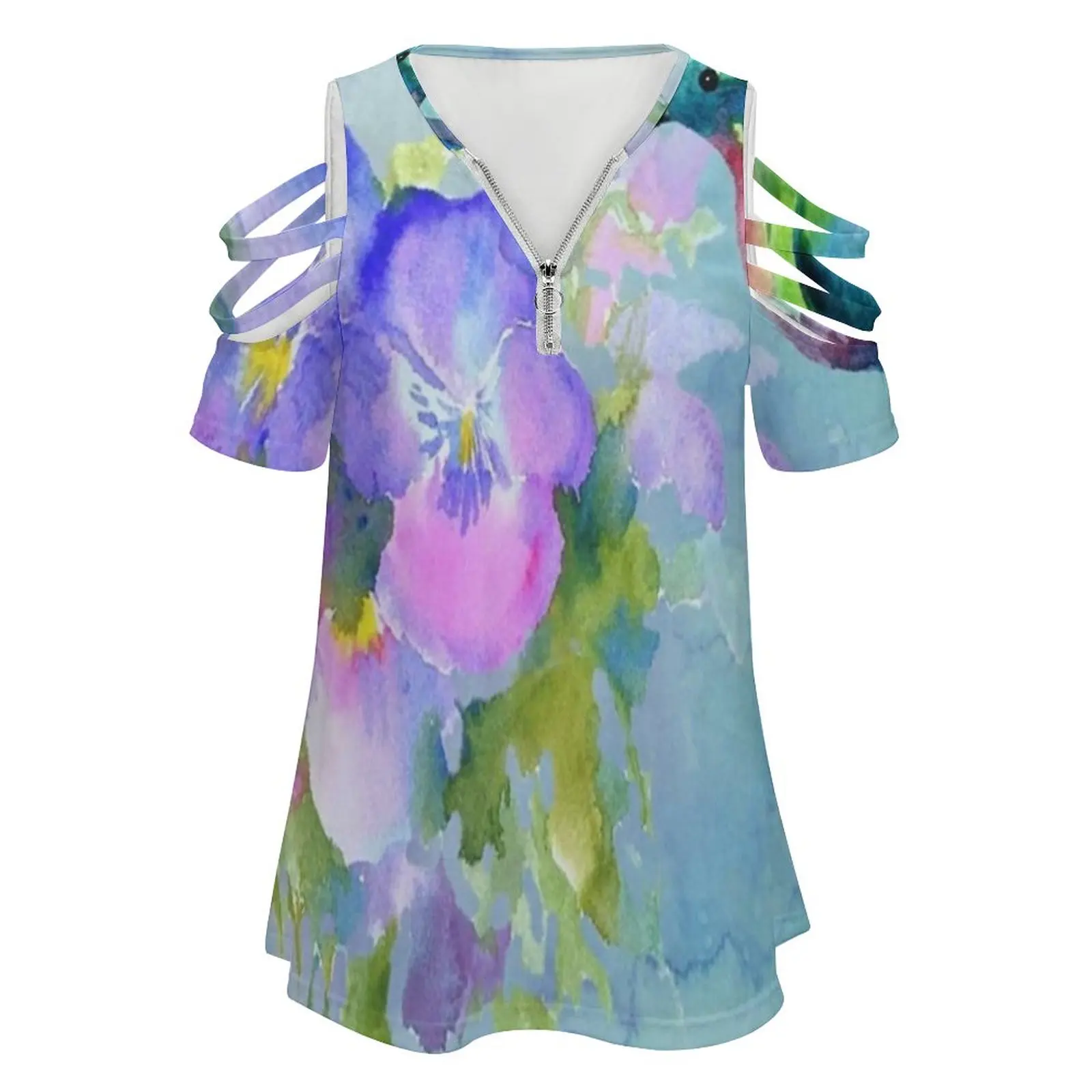 Hummingbird And Pansies Women'S T-Shirt New Fashion Printed Zipper V-Neck Short Sleeve T Shirts Casual Plus Size Hummingbird