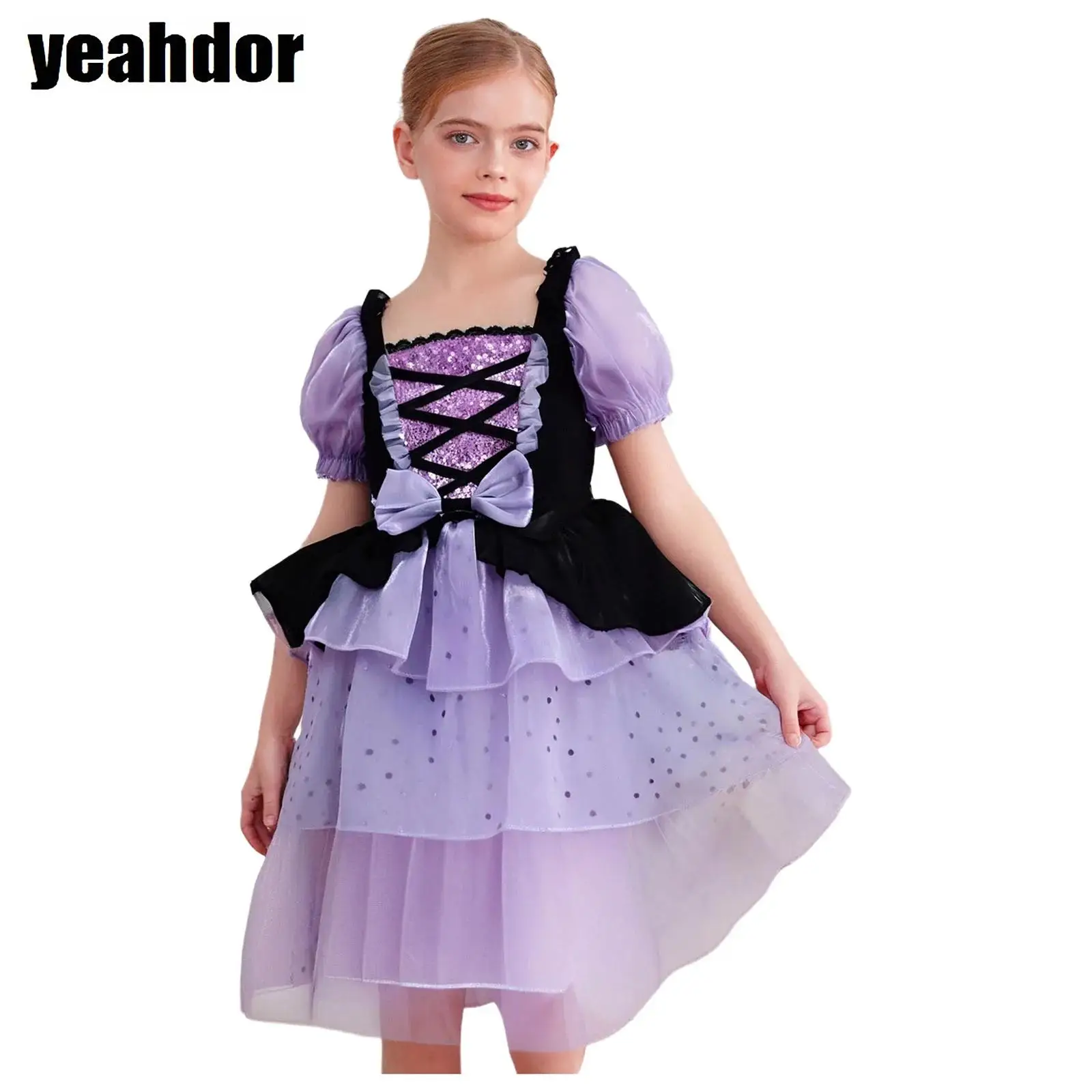 

Girl Witch Costume Ballet Tutu Dress Ruffled Sleeve Layered Puffy Sequin Princess Dress for Recital Birthday Parties Halloween