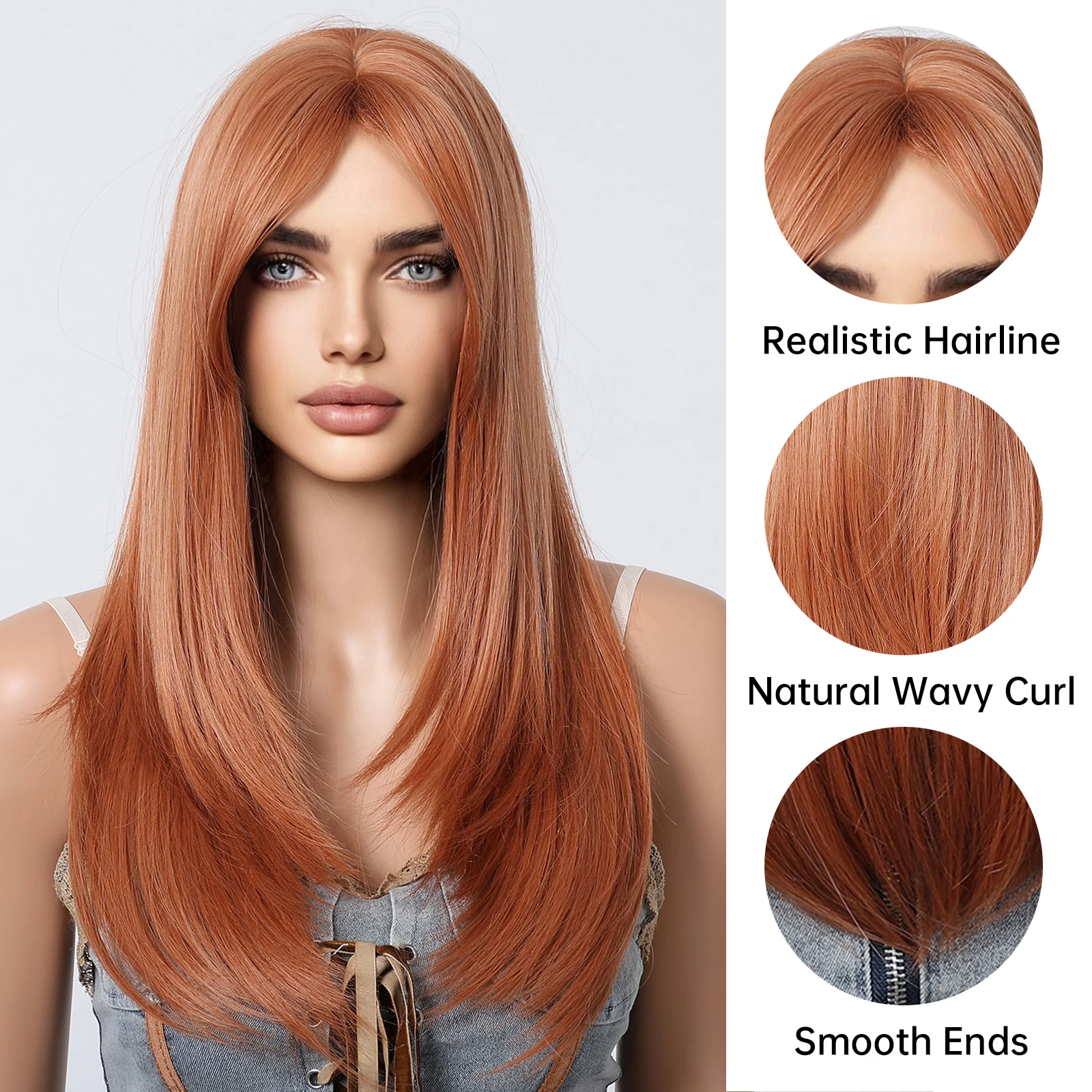 Light Orange Brown Long Straight Synthetic Women\'s Wigs Side Bangs Layered for Women Natural Daily Heat Resistant Fiber Wigs