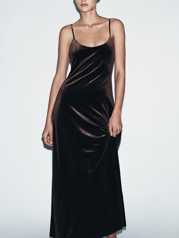 الراقية المخملية طويلة Strapl Dr ZA2025 جديد الشتاء المرأة Faion Ele ثنيات ثوب مثالي للحفلات والمناسبات #4