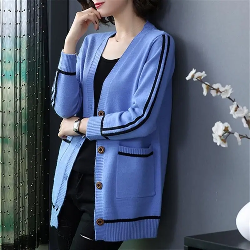 Korean Contrasting Colors Button Sweaters Coat Autumn Women\'s Clothing All-match Long Sleeve Fashion Pockets Knitted Cardigan