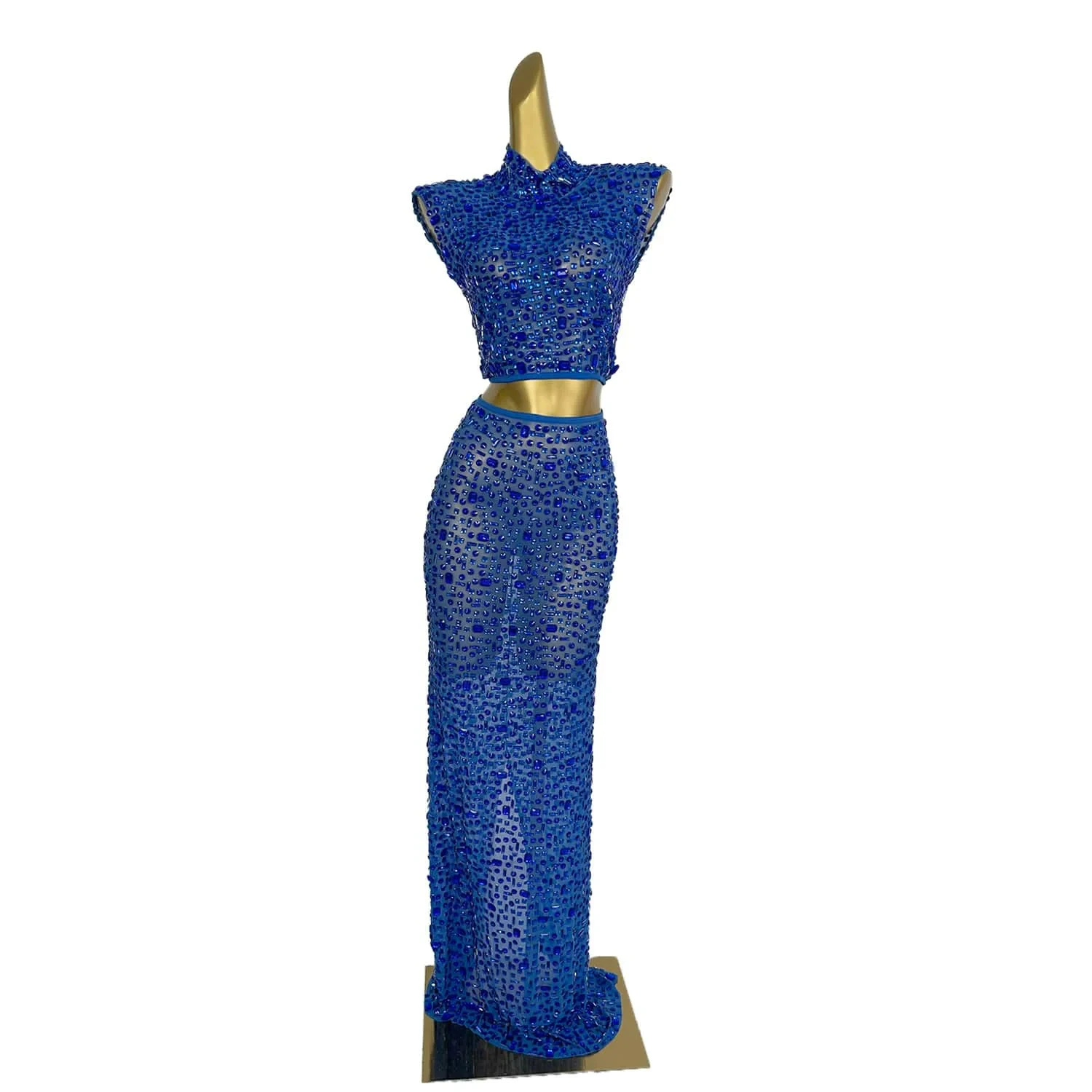 Sexy Rhinestone Tank Vest Top Bodycon Long Skirts 2 Piece Sets Women Festival Outfit Night Club Dress Party Costume Evening Gown