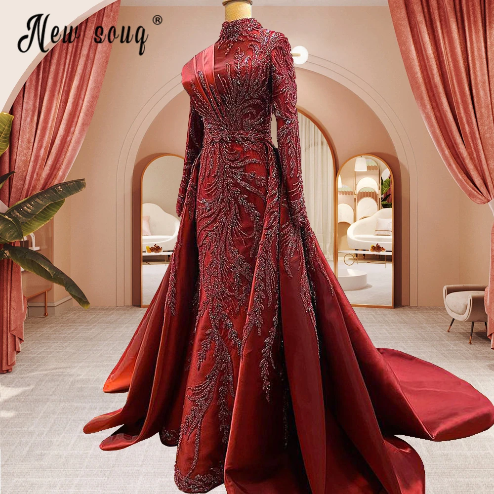 Dubai Muslim Beaded Burgundy Formal Evening Dress With Detachable Train Wedding Guest Party Gowns Arabic Plus Size Dress