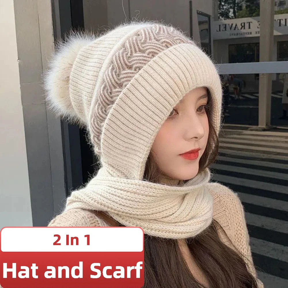 Korean Sweet 2-in-1 Hat Scarf Set Female Winter Warm Rabbit Hair Knitted Cap Cycling Ear Protection Padded Cold-proof Neck Cap