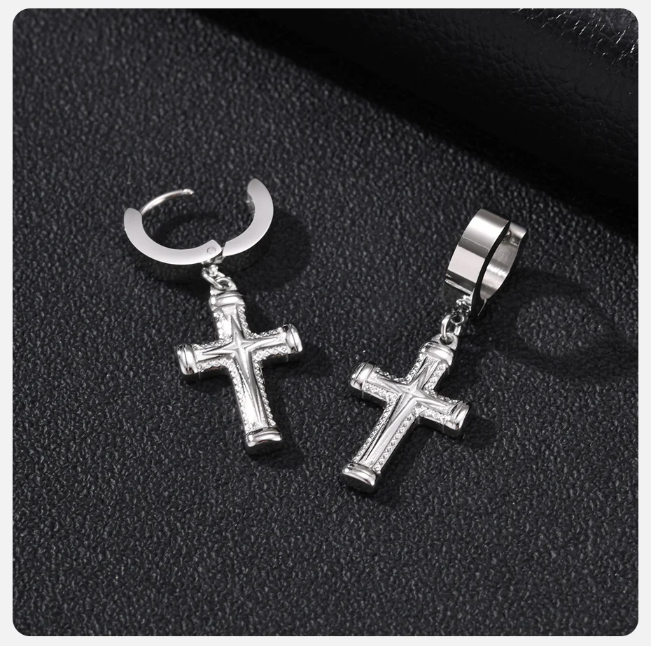 Vnox Kreuz-Creolen für Männer, Edelstahl Silberfarben 4-zackiger Stern Ohrhänger, Hip-Hop Kreuz-Schmuck Geschenk – Detail 5