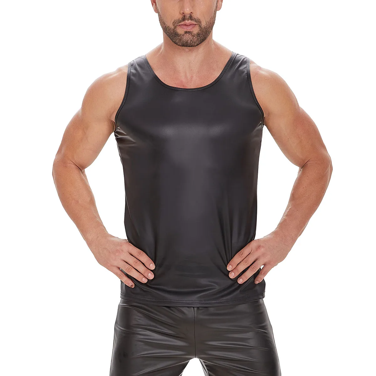 Plus Size Mens Shiny Leather Tank Top Soft Matte Leather T-Shirts Sleeveless Male High Elastic V-neck Shaping Vest