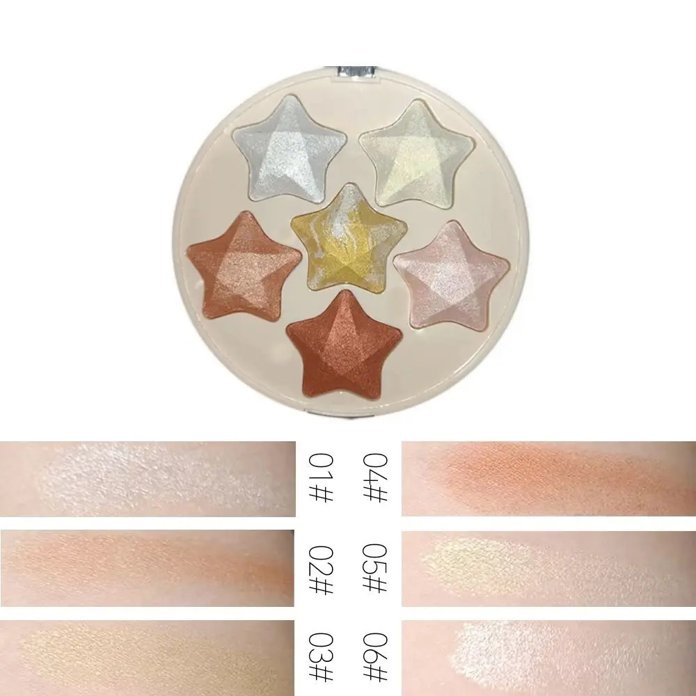 Cinco Pontas Estrela Glitter Highlighter Paleta, Contorno Rosto, Blush Natural, Pó Destaque Impermeável, 6 Cores