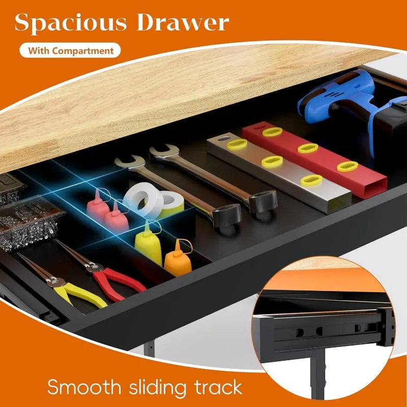 60" Adjustable Height Workbench, 2000 LBS Heavy Duty Work Table with Power Outlets & Pegboard, Rubber Wood Workstation