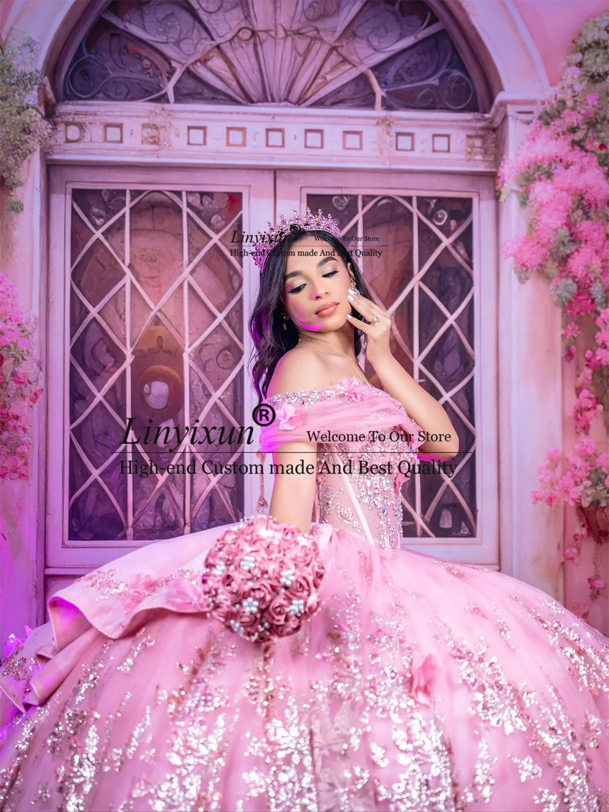 فساتين Quinceanera مكشوفة الكتفين للأميرة مزينة بالترتر الحلو 16 ثوب مخصص لحفلات أعياد الميلاد من Vestidos de quinceanera