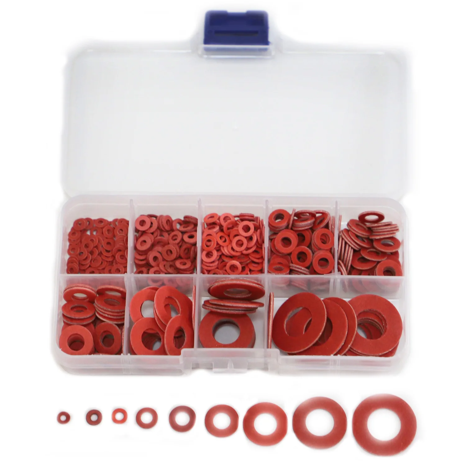 530 pz M2 M2.5 M3 M4 M5 M6 M8 M10 M12 Carta D'acciaio Rosso Rondella Piatta Pianura Isolata Guarnizione Anello Pad Assortimento Kit Set Box ﻿