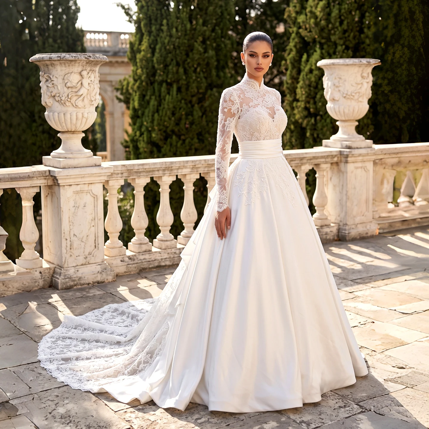 Sharon Said Elegant Ivory Satin Ball Gown Wedding Dress High Neck Illusion Long Sleeve Lace Applique Bridal Gowns SW759 Custom