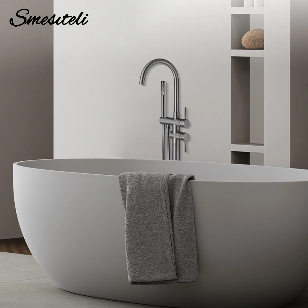 

Gunmetal Freestanding Bathtub Faucet Set Floor Mounted Mixer Hot & Cold Shower System 2 Modes Handheld Shower &Round Spout