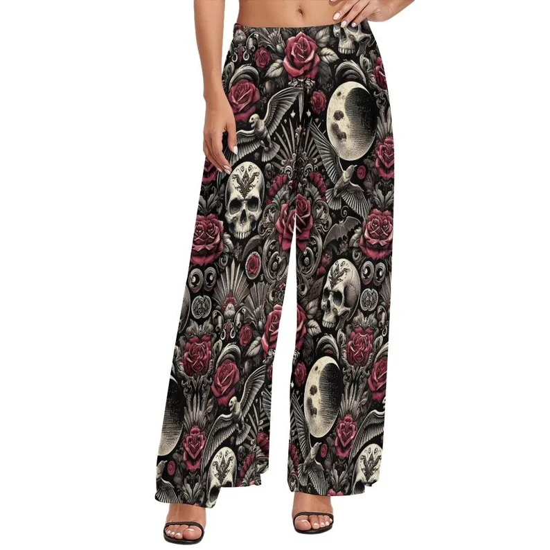 Vintage Tattoo Style Rose Skull Wide Leg Pants Gothic Moon Crow Bat Full Print Halloween Loose Casual Pants