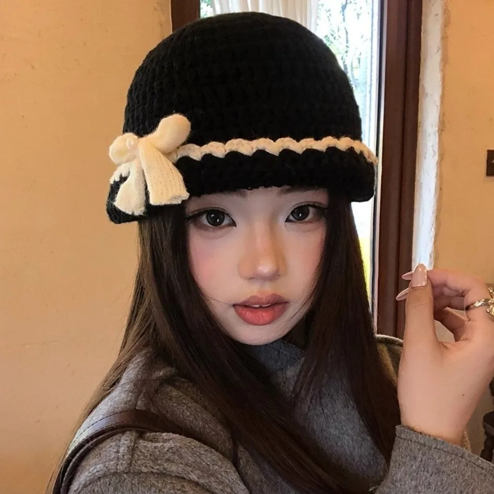 Elegant Hand-Knitted Bucket Hat 3D Bow Windproof Crochet Beanie Hat Winter Warm Fisherman Cap