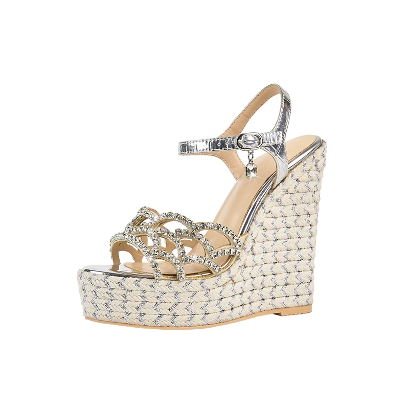 Women's New Summer Round Toe Thick Sole With Diamond Inlaid High Heels, Large Open Toe Hemp Rope Woven Slope Heel Sandals
