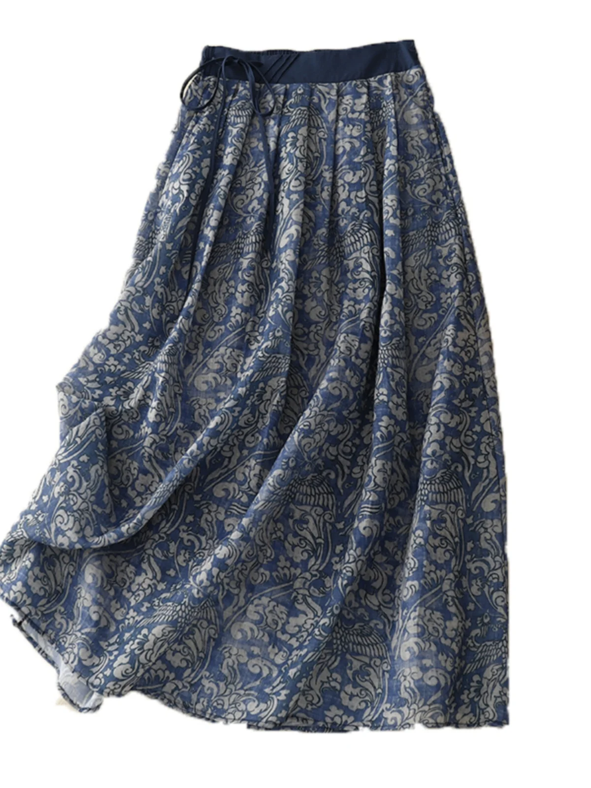 Falda Midi Retro con Estampado Floral, Cintura Alta con Cordón, Lino y Aodón, Estilo Informal para Mujer