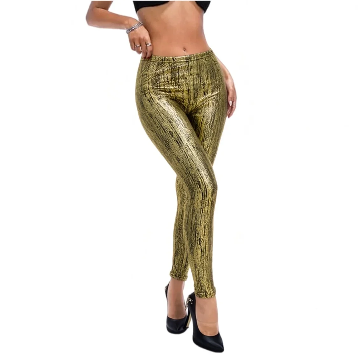 Women Shiny Gold Metallic Leggings High Waist Skinny Stretch Pants for Party Clubwear