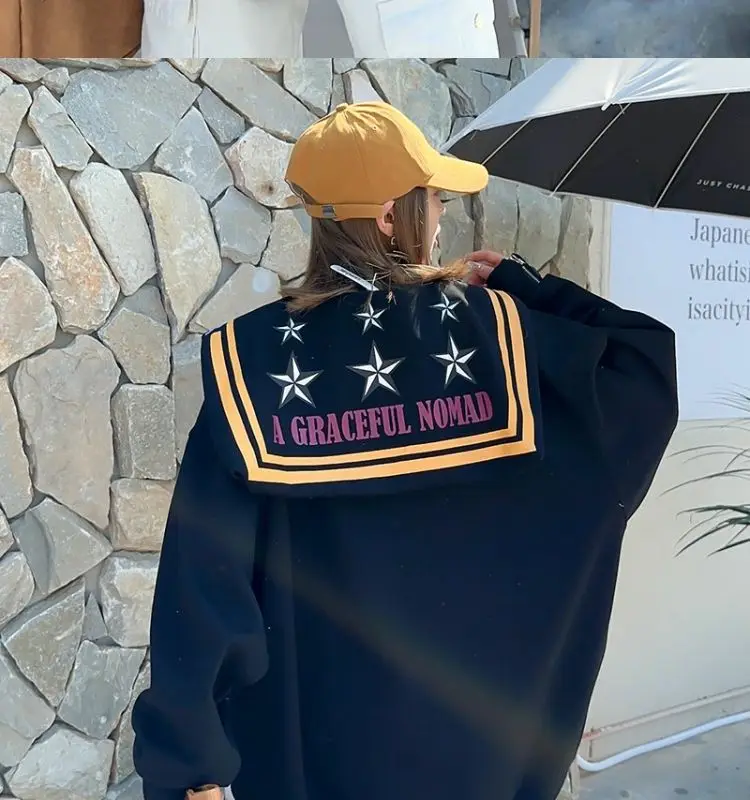 Letter printed shawl large neckline sweater women's early autumn new plus size fashion long sleeve Joker black top.