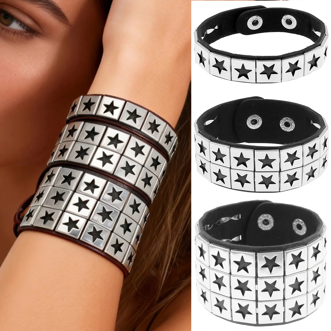 3Pcs/Set Punk Gothic PU Leather Bracelets For Men Women Star Spike Rivets Bracelet Bangles Hip Hop Party Jewelry Gift