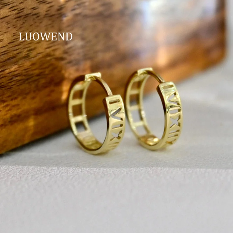 LUOWEND 100% 18K Yellow Gold Earrings Vintage Style Romantic Roman Letters Design Hoop Earrings for Women High Party Jewelry