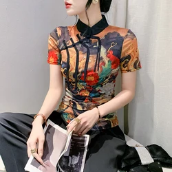 2024 New Chinese Style Shirring Button Chic Stand Collar Mesh Female T-shirt Summer Printed Art Woman S-3XL Short Sleeve Slim