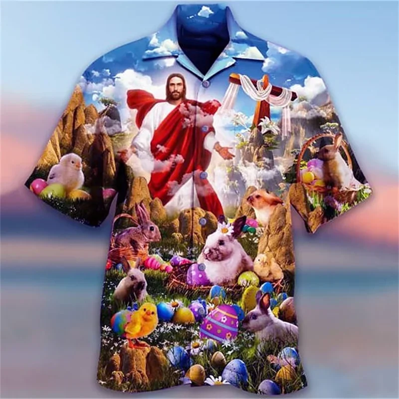 Jesus Christ Animal Shirts For Men Hawaiian 3d Printed Pattern Christians Mary Crucified Breathable Beach Casual Short Sleeved