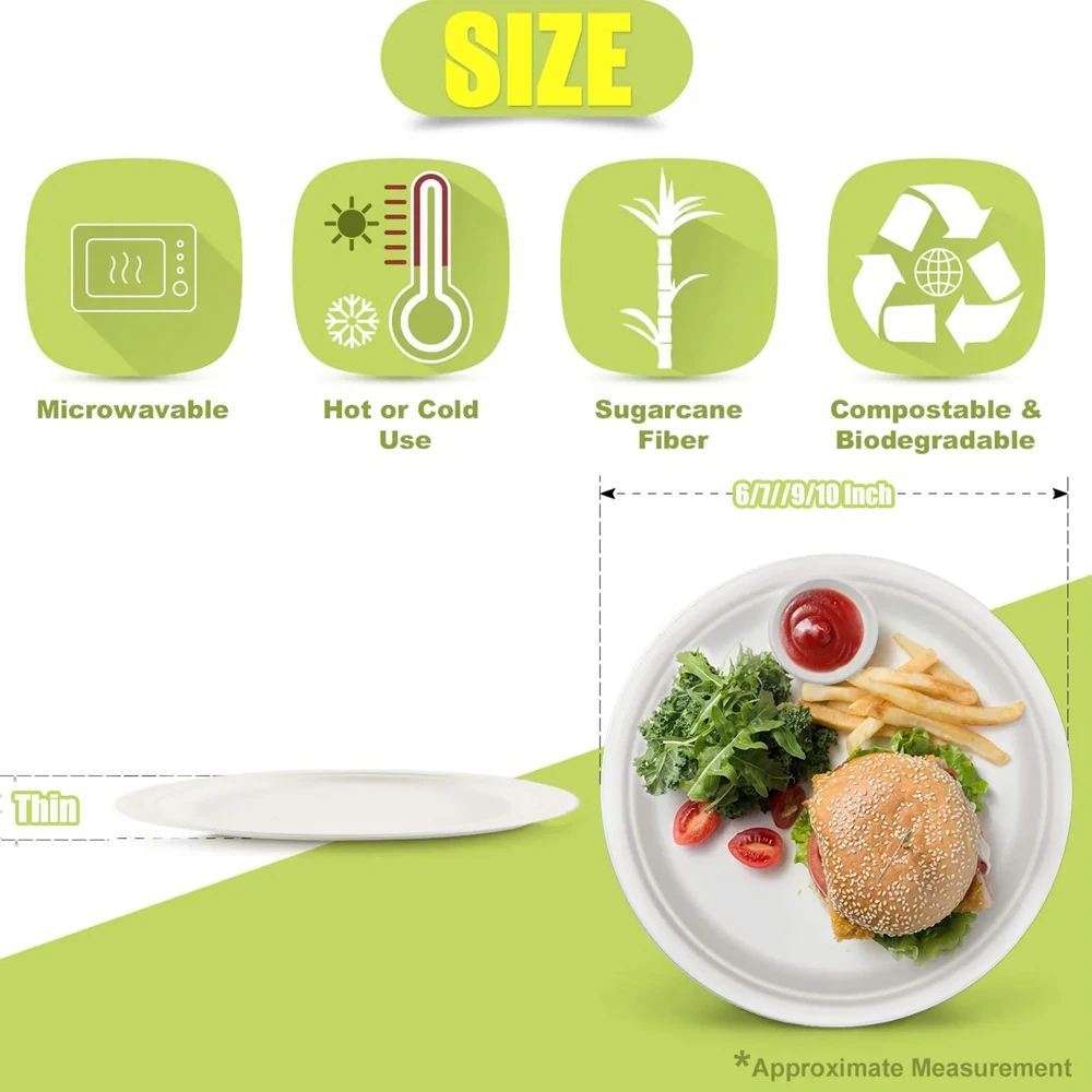 Biodegradable Disposable Natural Bagasse Paper Plates 5-10 Inch Eco-Friendly Non-stick Plate For Party Home Snack Picnic Travel