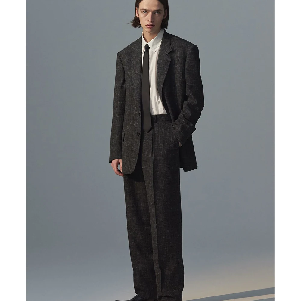 Dark Charcoal Gray Mixed Linen Texture Vintage Men's Single-Breasted Suit 2 Piece Jacket Pants Set Notch Lapel Loose Male Office