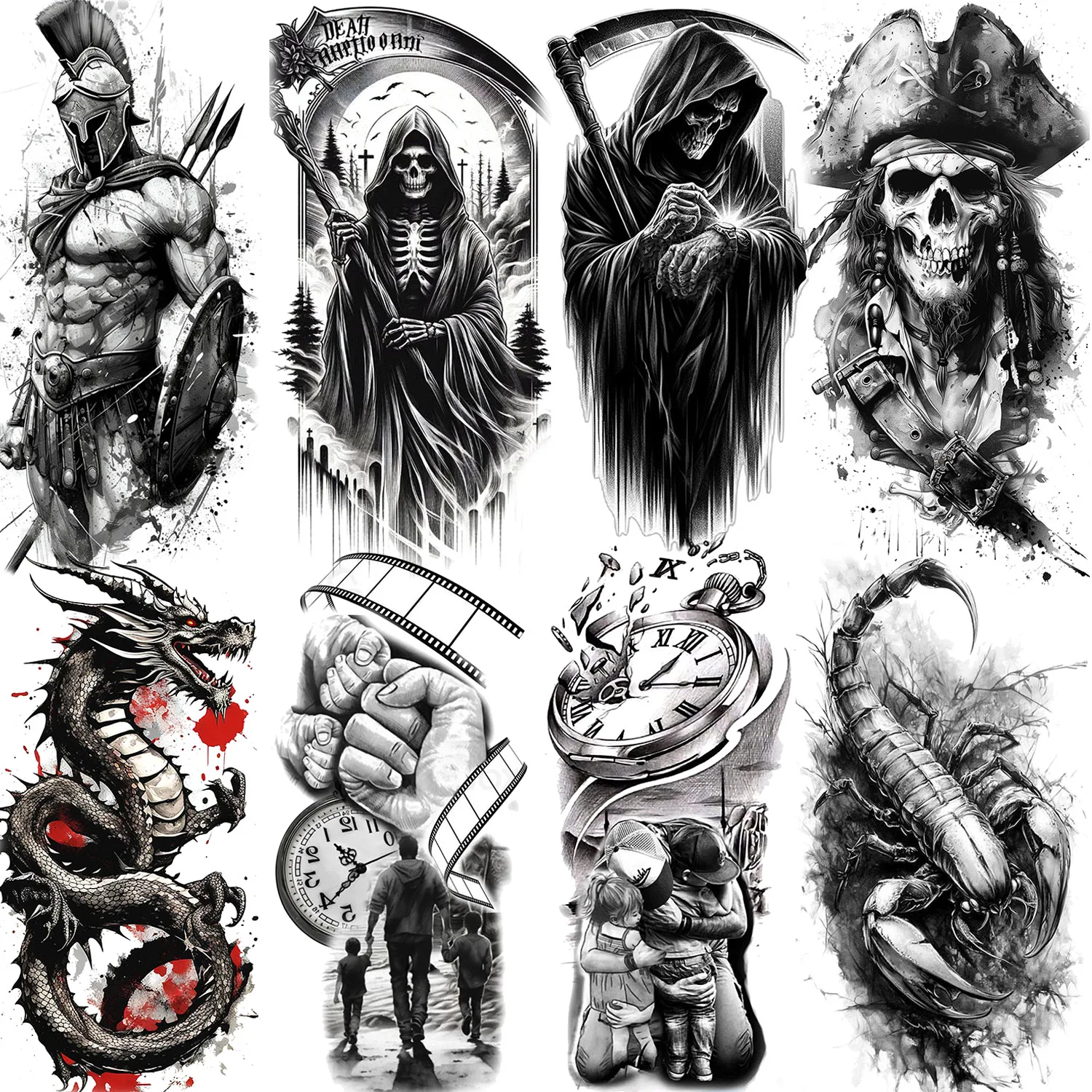 

1 Sheet Evil Grim Reaper Skull Temporary Tattoos For Men Women Waterproof Fake Tattoos 3D Dragon Scorpion Warrior Tatoo Stickers