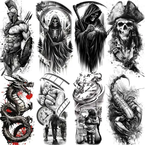1 folha mal grim reaper crânio tatuagens temporárias para homens mulheres à prova dwaterproof água tatuagens falsas 3d dragão escorpião guerreiro tatoo adesivos