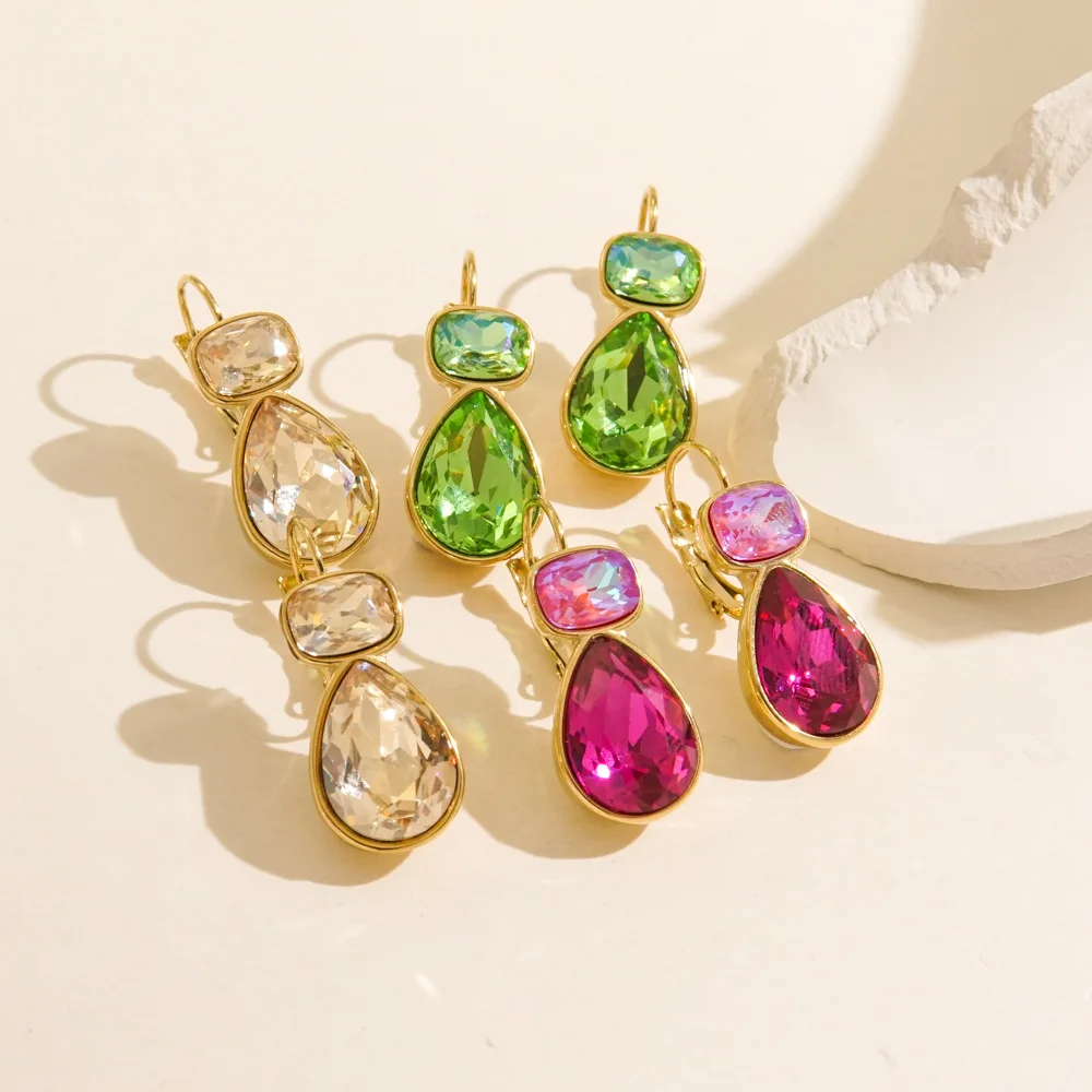 Bunte trendige Wassertropfen weiß grün Kristall Creolen Damen Schmuck 18 Karat vergoldet Ohrringe Schmuck
