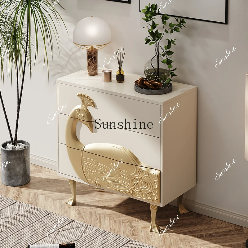 European light luxury solid wood porch three-dimensional engraving peacock drawer decorative cabinet  FT