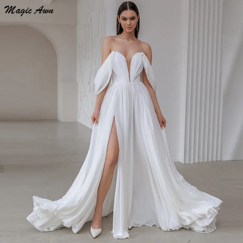 

Magic Awn Boho Wedding Dresses For Bride Side Split Off The Shoulder White Chiffon Beach Bridal Gowns A-Line Lace-Up Back