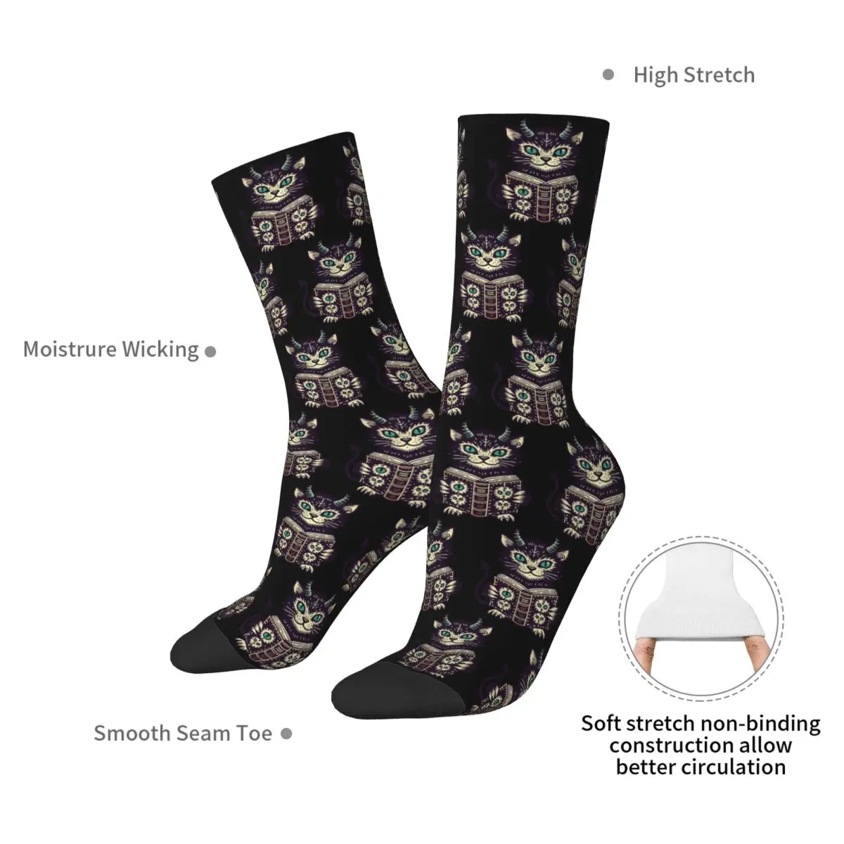 Demon Cat Dark Horror Cat Halloween Socks Harajuku Sweat Absorbing Stockings All Season Long Socks for Unisex Birthday Present