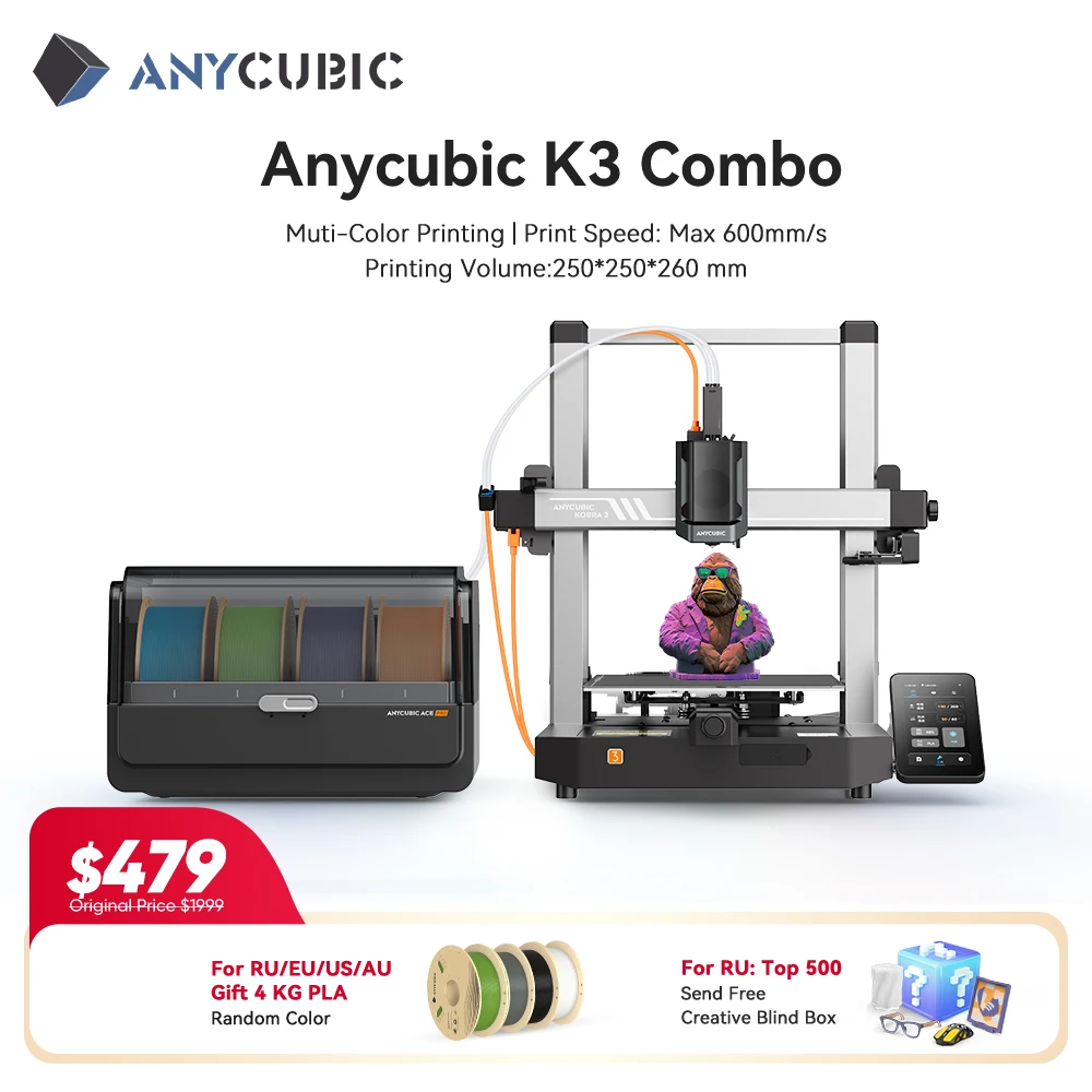 

ANYCUBIC Kobra 3 Combo FDM Multi-Color 3D Printer Print in 4 to 8 Color With Max 600mm/s Printing Speed Build Size 250x250x260mm