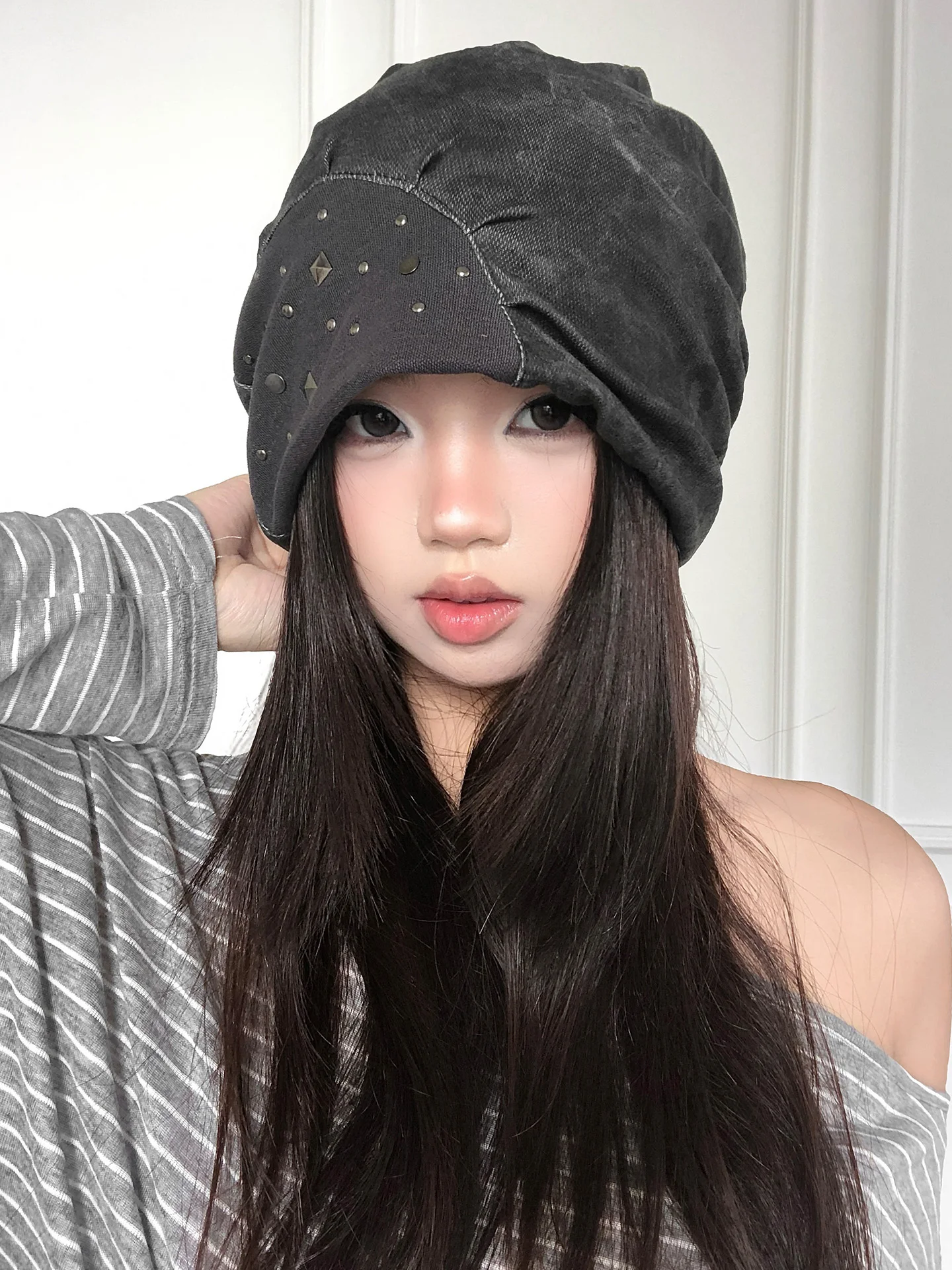 American Retro Rivet Splicing Thin Spring Summer Women's Hat Large Circumference Versatile Cold Hat Small Face Effect Bag Head