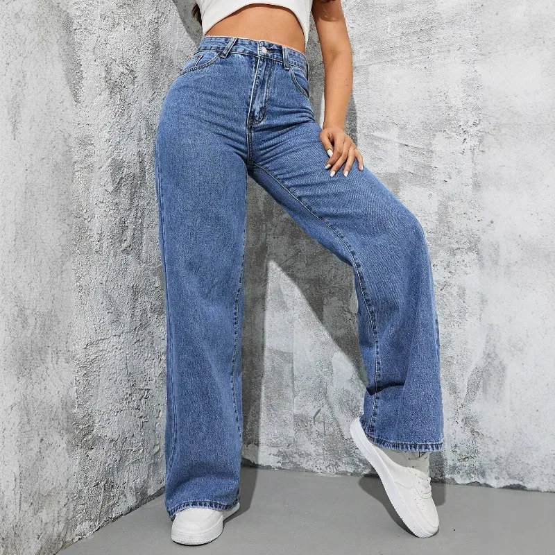 

New Women American Style Wide Leg Jeans Washed Loose Slim Fit Straight Long Floor Length Denim Pants Fashion Streetwear Casual