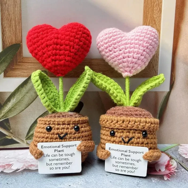 Positive Energy Hug Pocket Heart Flower Potted Plants Handmade Plush Wool Knitting Doll With Card Christmas Gift Home Room Decor