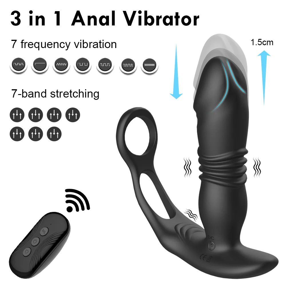 Masajeador de próstata de empuje, vibrador Anal, Anillo para el pene, Control remoto, tapón Anal, Juguetes sexuales