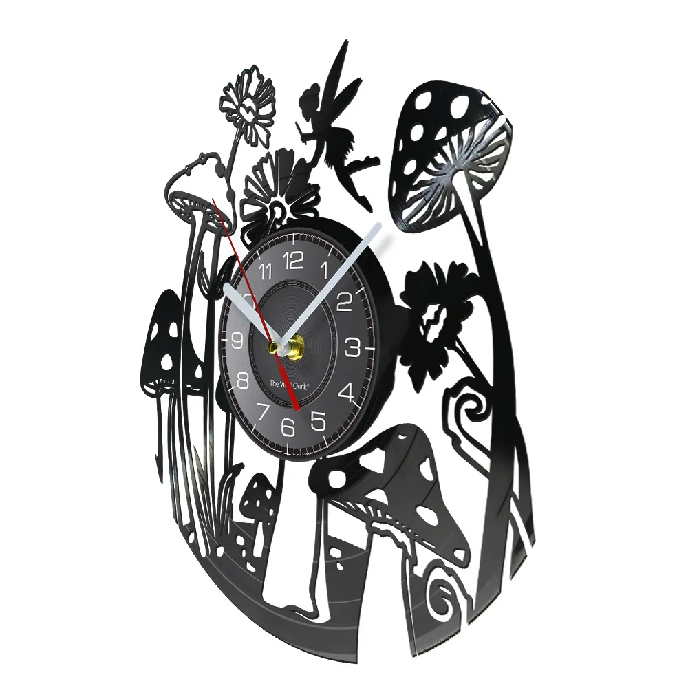 Fairy Garden Mushroom Vinyl Record Wall Clock For Nursery Kids Room Botanical Nature Home Decor Toadstool SIlent Quartz Clock