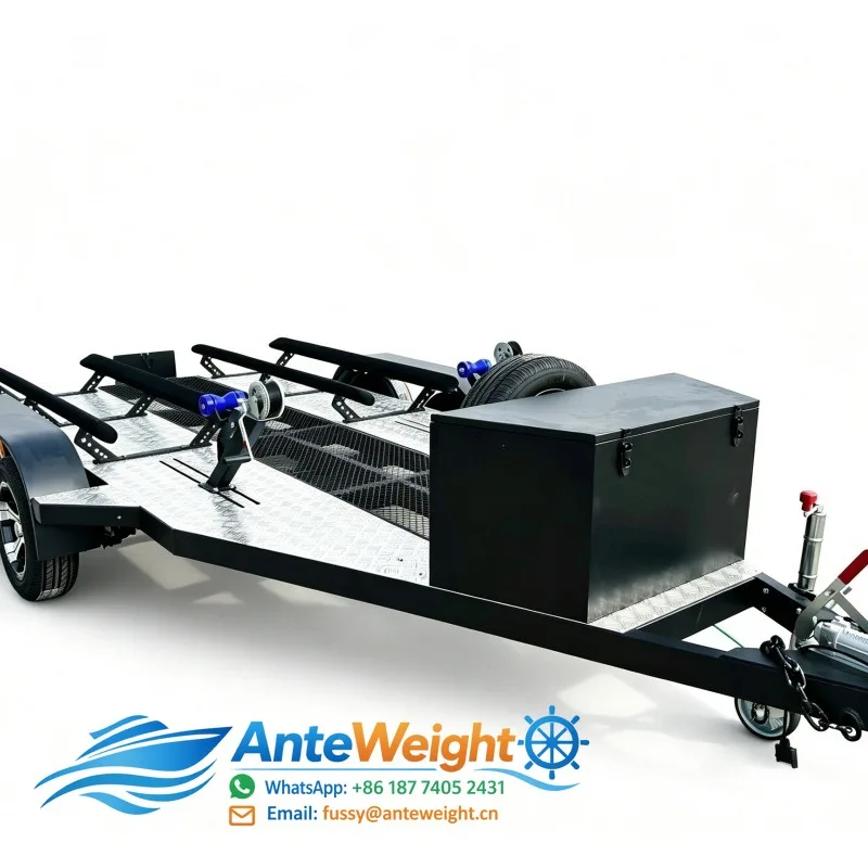 Ustomizable Flat Marine Trailer With Tool Box Spare Tyre Manual Winch Tandem Axle Boat Trailer for Offshore Jet Ski Delivery