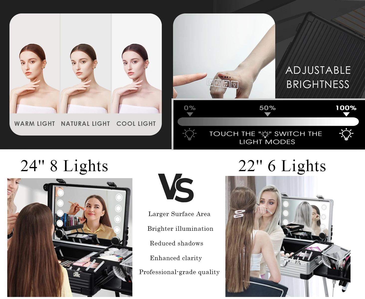 24'' Full Screen Makeup Box with Lighted Mirror Bluetooth Speaker Rolling Makeup Case Trolley Aluminum Barber Hair Salon Station