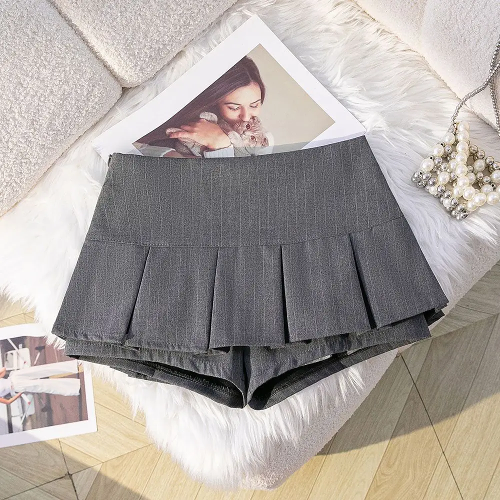 Gray Low-rise A-shaped Striped Pleated Skirt Women's Summer New Anti-light Short Skirt
